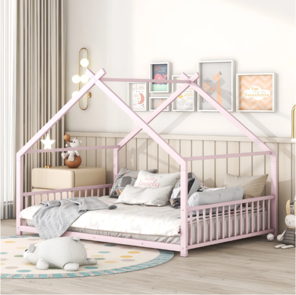 DreamBuck Full Size House Bed with Roof and Fence, Metal Platform Bed, Full House Floor Bed for Kids, Twin Bed Frames for Girls, Toddler, Teens, No Box Spring Needed, Easy Assembly