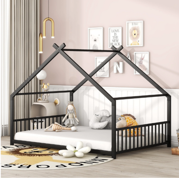 DreamBuck Full Size House Bed with Roof and Fence, Metal Platform Bed, Twin House Floor Bed for Kids, Full Bed Frames for Boys, Girls, Toddler, Teens, No Box Spring Needed, Easy Assembly