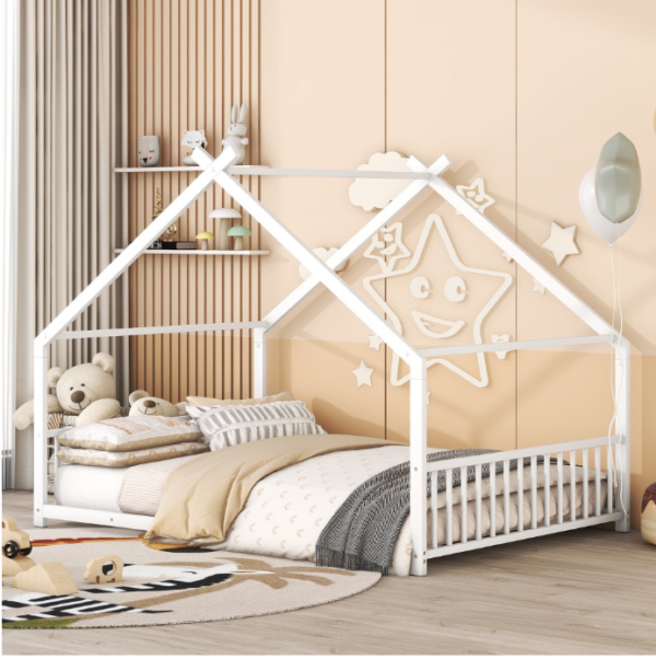 DreamBuck Full Size House Bed with Roof and Fence, Metal Platform Bed, Twin House Floor Bed for Kids, Full Bed Frames for Boys, Girls, Toddler, Teens, No Box Spring Needed, Easy Assembly