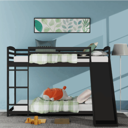 DreamBuck Twin over Twin Bunk Bed with Slide and Ladder, Low Floor Twin Bunk Beds with Safety Guardrails, Wood Bunk Bed, No Box Spring Needed, Noise Free for Dorm Bedroom Kids Adults Toddler, Black
