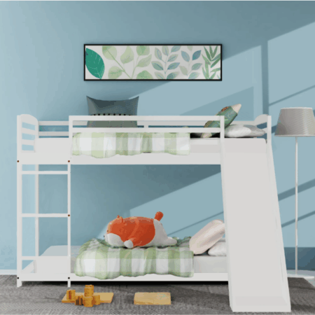 DreamBuck Twin over Twin Bunk Bed with Slide and Ladder, Low Floor Twin Bunk Beds with Safety Guardrails, Wood Bunk Bed, No Box Spring Needed, Noise Free for Dorm Bedroom Kids Adults Toddler, White