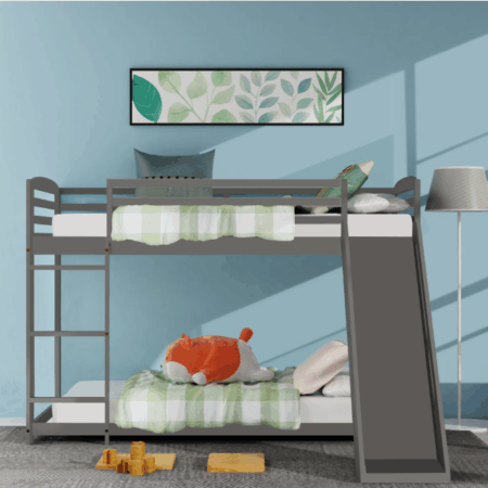 DreamBuck Twin over Twin Bunk Bed with Slide and Ladder, Low Floor Twin Bunk Beds with Safety Guardrails, Wood Bunk Bed, No Box Spring Needed, Noise Free for Dorm Bedroom Kids Adults Toddler, Gray