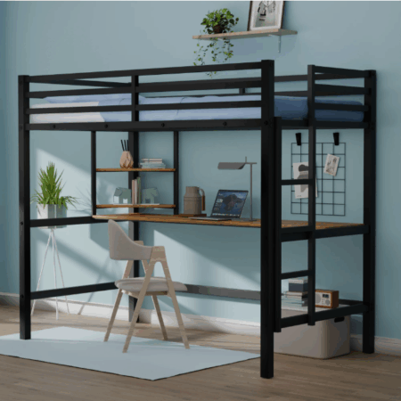 DreamBuck Twin Loft Bed with Desk and Shelves, Metal Twin Size Loft Bed with Ladder and Guardrail, Modern Twin Loft Bed Frame for Kids Teens Adults, Space Saving, Noise-free, Black