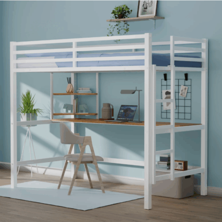 DreamBuck Twin Loft Bed with Desk and Shelves, Metal Twin Size Loft Bed with Ladder and Guardrail, Modern Twin Loft Bed Frame for Kids Teens Adults, Space Saving, Noise-free, White