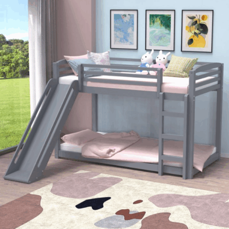 DreamBuck Bunk Bed Twin over Twin with Slide, Solid Wood Twin Bunk Bed with 14.8" High Safety Guard Rails & Ladder, Floor Bunk Bed for Kids Teens Adults, Low Bunk Bed Space-saving, Noise-Free, Gray