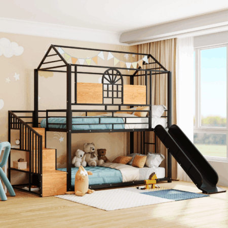 DreamBuck Twin Over Twin Bunk Bed, Metal House Bunk Beds with Black Slide and Storage Stair, Floor Bunk Bed with Guardrails, Twin Bunk Beds for Kids, Teens, No Box Spring Needed, Noise Free