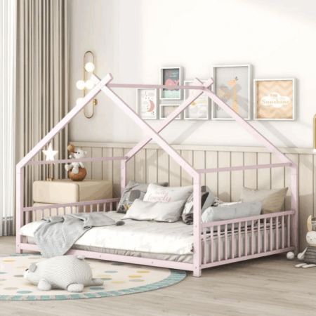 DreamBuck Full Size House Bed with Roof and Fence, Metal Platform Bed, Full House Floor Bed for Kids, Twin Bed Frames for Girls, Toddler, Teens, No Box Spring Needed, Easy Assembly