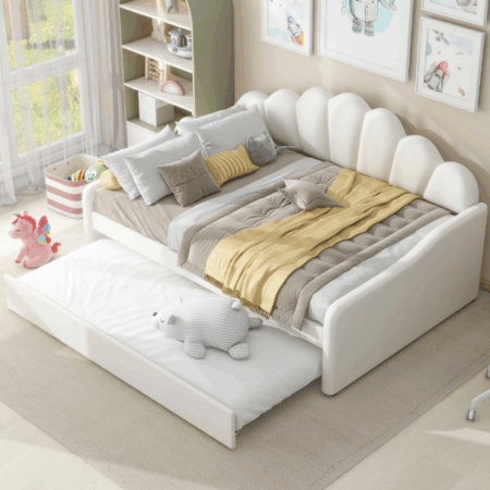 DreamBuck Full Size Upholstered Daybed with Trundle, Velvet Upholstered Daybed with Shell Shaped Backrest, Full Daybeds for Adults, Modern Daybed Frame for Bedroom, Living Room, Guest Room, White