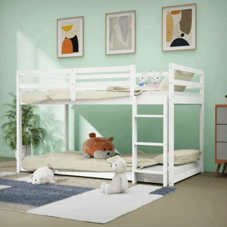 DreamBuck Bunk Bed Twin over Twin, Floor Bunk Bed with Ladder, Solid Wood Low Twin Bunk Beds for Kids Teens Adults, Ideal for Multiple-Child Family, Apartment, Dormitory, No Box Spring Needed, White