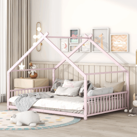DreamBuck Full Size House Bed with Roof and Fence, Metal Platform Bed, Full House Floor Bed for Kids, Twin Bed Frames for Girls, Toddler, Teens, No Box Spring Needed, Easy Assembly