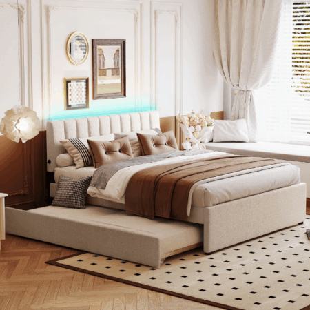 DreamBuck Queen Platform Bed with Trundle, Teddy Fleece Upholstered Bed Frame with LED Light and USB Ports, Platform Bed with Headboard, Queen Bed Frame for Adults, Teens, No Box Spring Needed, Beige