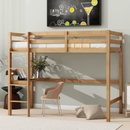 DreamBuck Twin High Loft Bed, Rubber Wood Loft Bed with Safety Guardrail, Built-in Desk, Ladder, White Oak