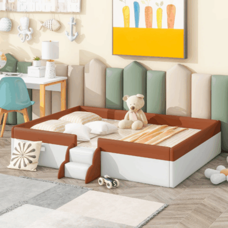 DreamBuck Full Size Floor Bed for Kids, PU Leather Upholstered Daybed with Stairs, Fence and Wood Slats Support, Montessori Bed Frame for Toddlers, Boys, Girls, Teens, No Box Spring Needed