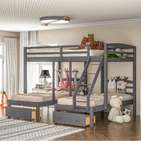 DreamBuck Wood Triple Bunk Bed with Drawers and Guardrails, Full over Twin & Twin Bunk Bed, Convertible to 3 Separated Beds, Full Over 2 Twin Bunk Bed for Family, Teens, No Box Spring Needed