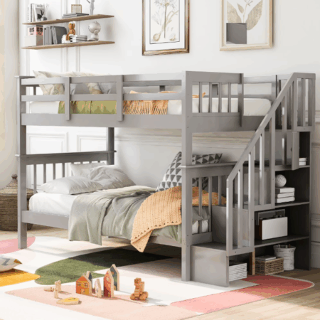 DreamBuck Bunk Beds Twin over Twin with Stairs, Wood Bunk Bed Frame with Storage and Guard Rail, Twin over Twin Bunk Bed, Twin Bunk Beds for Teens, Adults, Bedroom, Convertible to 2 Beds, Grey