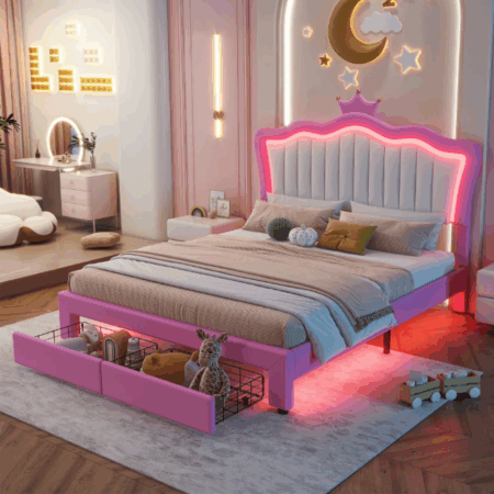 DreamBuck Full Size Upholstered Bed Frame with LED Lights, Modern Upholstered Princess Bed with Crown Headboard, 2 Drawers, Pink