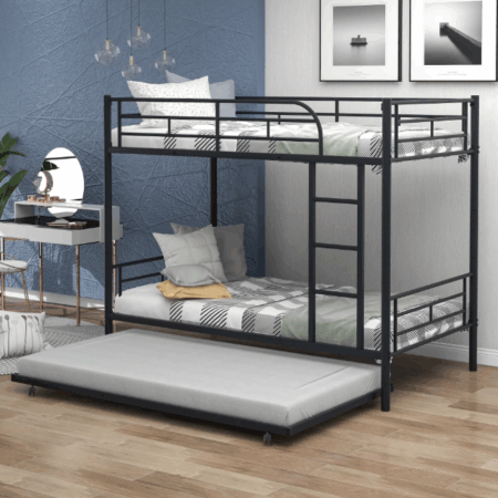 DreamBuck Metal Bunk Bed with Trundle, Convertible Into 2 Individual Beds, Twin Over Twin Bunk Bed with Ladder and Safety Guardrail, Space-Saving Bunk Bed for Teens, Adults, Bedroom, Noise Free