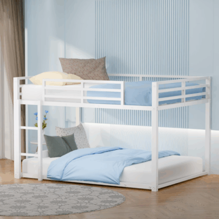 DreamBuck Bunk Bed Full over Full, Metal Bunk Bed with Ladder and Guardrail, Low Bunk Beds for Teens Adults, Full Bunk Bed Frame for Bedroom, Apartment, Dormitory, No Box Spring Needed, White