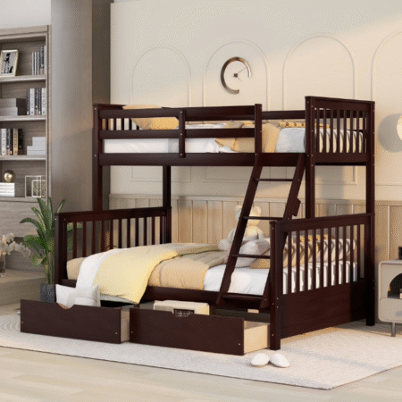 DreamBuck Twin over Full Bunk Bed with 2 Storage Drawers, Solid Wood Twin over Full Bunk Bed Frame with Guardrails and Ladders for Teens Adults, Can be Convertible into 2 Beds, Espresso