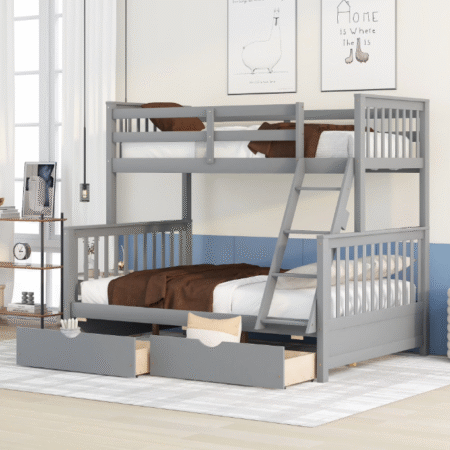 DreamBuck Twin over Full Bunk Bed with 2 Storage Drawers, Solid Wood Twin over Full Bunk Bed Frame with Guardrails and Ladders forTeens Adults, Can be Convertible into 2 Beds, Gray