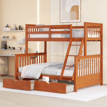 DreamBuck Twin over Full Bunk Bed with 2 Storage Drawers, Solid Wood Twin over Full Bunk Bed Frame with Guardrails and Ladders for Teens Adults, Can be Convertible into 2 Beds, Walnut