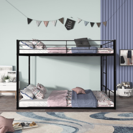 DreamBuck Metal Bunk Bed Twin over Twin, Low Profile Bunk Bed with Ladder & Guardrails, Floor Bunk Bed Frame for Teens Dorm Small Spaces Guest Room, Can be Convertible into 2 Beds, Black