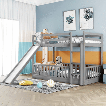 DreamBuck Floor Bunk Bed with Slide, Twin over Twin Bunk Bed for Teens, Wood Low Bed Frame with Ladder for Teens, Gray