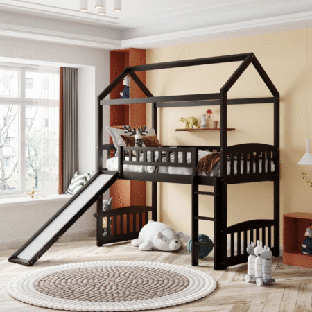 DreamBuck House Loft Bed with Slide, Twin Wood Loft Bed with Roof, Guardrail, Built-in Ladder, and Slide, Wood House Bed/Low Bunk Bed for Teens, Easy Assemble, No Box Spring Needed