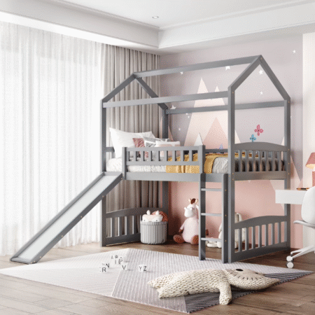 DreamBuck House Loft Bed with Slide, Twin Wood Loft Bed with Roof, Guardrail, Built-in Ladder, and Slide, Wood House Bed/Low Bunk Bed for Teens, Easy Assemble, No Box Spring Needed