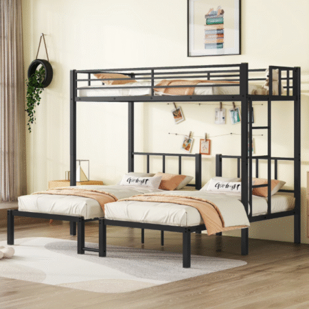 DreamBuck Metal Triple Bunk Bed, Twin over Twin & Twin Bunk Beds for 3, Black
