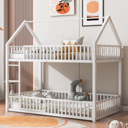 DreamBuck Metal Twin over Twin House Bunk Bed with Fence and Door, White