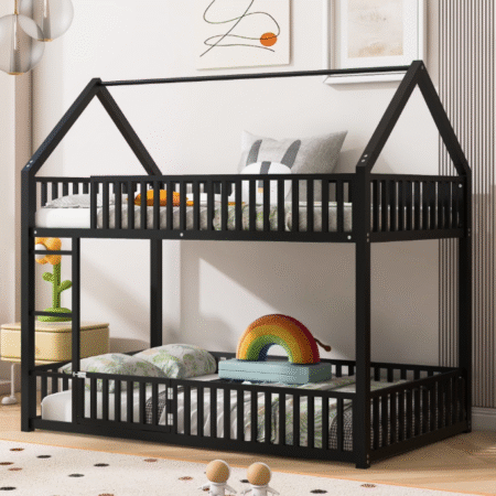 DreamBuck Metal Twin over Twin House Bunk Bed with Fence and Door, Black