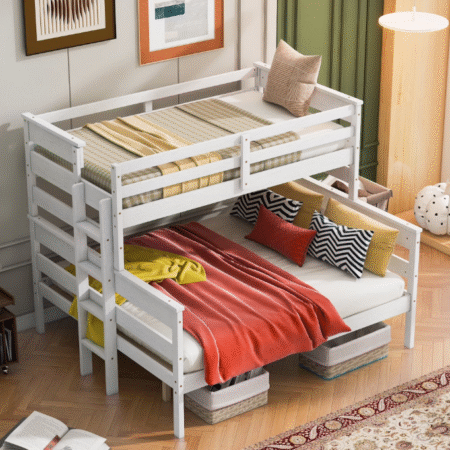 DreamBuck Twin XL over Queen Bunk Bed with Ladder, Wood Bunk Bed Frame with Guardrail, Can be Separated into 2 Platform Bed, White