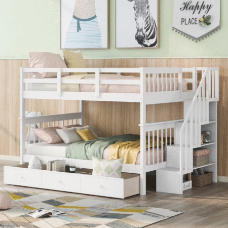 DreamBuck Full over Full Bunk Bed with 3 Drawers and Storage Shelves, Stairway Bunk Bed for Adults, Solid Wood Bedframe, Convertible to 2 Full Beds, Perfect for Bedroom, White