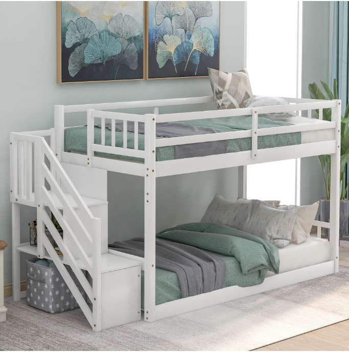DreamBuck Twin over Twin Bunk Bed with Storage Staircase, Low Bunk Beds Solid Wood Floor Bunk Bed Frame with Guardrail Ladder, No Box Spring Required, White