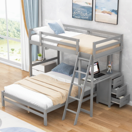 DreamBuck Bunk Bed Twin over Full with Built-in Desk and 3 Drawers, Solid Wood Bunk Bed with Guardrail and Ladder, Bunk Beds with Storage for Teens Adults, Can Be Separated into 2 Beds, Gray