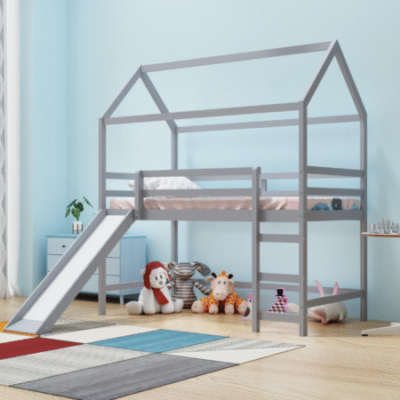 Kacho Twin Loft Bed with Slide, Wood Loft Bed Frame with Safty Guardrails and Built-in Ladder, Save Space House Lofts Bed for Teens, Multifunction Playhouse, No Box Spring Needed, Grey