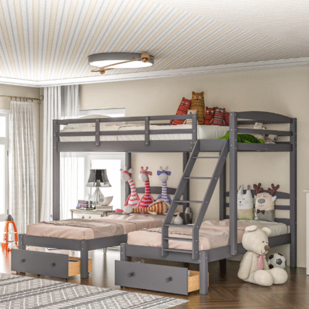 DreamBuck, Upgrade Full over Twin & Twin Bunk Bed, Triple Bunk Bed with Drawers, Wood Triple Bunk Bed Frame with 3 Storage Drawers and Safety Guardrails, Bunkbed for Teens, Adults, Bedroom, Gray